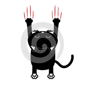 Cartoon black cat. Back view. Red bloody claws animal scratch scrape track. Cute funny character with face. White background. Isol