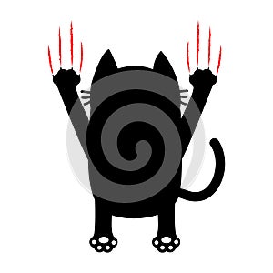 Cartoon black cat. Back view. Red bloody claws animal scratch scrape track. Cute funny character. White background. Isolated. Flat photo