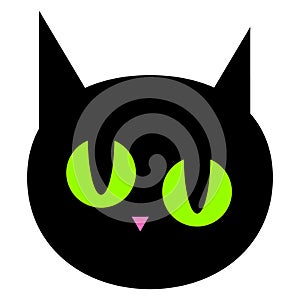 Cartoon black cat with green eyes. Emotions of cat face.