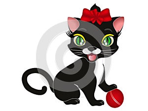 Cartoon black cat playing with a ball.