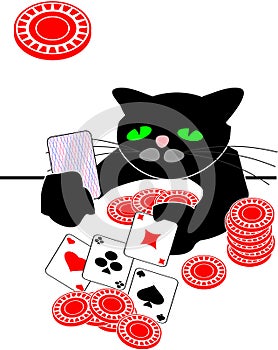 Cartoon black cat playing poker on table. Square