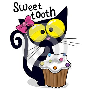 Cartoon Black Cat Sweet tooth with Cupcake photo