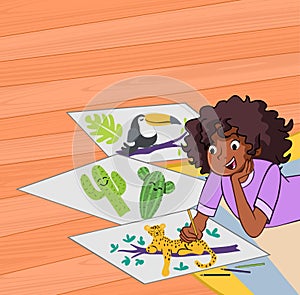 Cartoon black girl drawing animals on the floor.