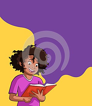 Cartoon black girl reading book. Teenager student reading book.