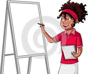 Cartoon black girl writing on board.