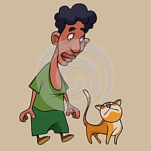 Cartoon black haired man looking with surprise at a ginger cat