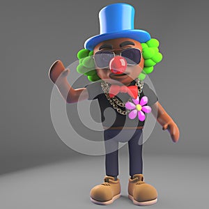 Cartoon black hip hop rapper dressed as a clown with red nose, 3d illustration