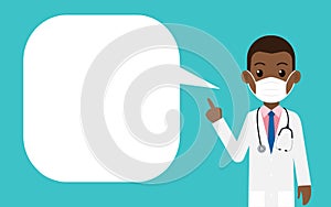 Cartoon black man doctor wearing protective mask and pointing finger