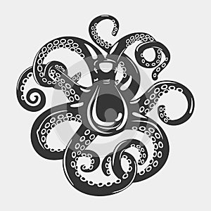 Cartoon black octopus with curved arms and suction cups on it, feeding tentacle. Spineless squid or underwater