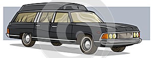 Cartoon black old long classic funeral hearse car