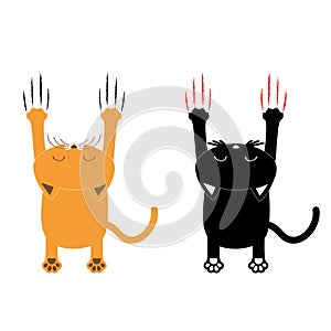 Cartoon black and orange cat set. Back view. Red bloody claws animal scratch scrape track. Cute funny character with face. White b photo