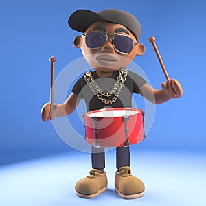 Cartoon black rap artist playing the drums, 3d illustration