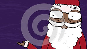 Cartoon black Santa Claus advertising free space for your text. Closeup Christmas Spirit animation. Seamless and looped mp4 footag