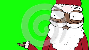 Cartoon black Santa Claus advertising free space for your text on green screen. Closeup Christmas Spirit animation. Seamless and l