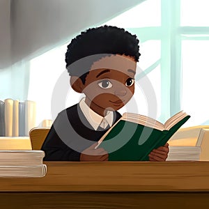 Cartoon Black schoolboy is reading and studying in class