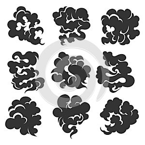 Cartoon Black Smoke Cloud Set. Vector Illustration