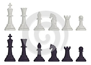Cartoon black and white chess pieces icons. Flat chessmen, queen and king, horse, rook, bishop and pawn. Strategy game