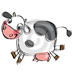 Cartoon black and white cow in a childish drawing style photo
