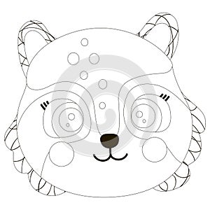 Cartoon black and white cute face of smiling little raccoon with big eyes and round cheeks. For coloring, sticker, poster, outline