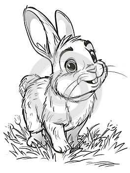 Cartoon black and white drawing of a rabbit with whiskers standing in the grass