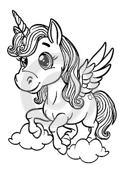 A cartoon black and white drawing of a winged unicorn standing on a cloud photo
