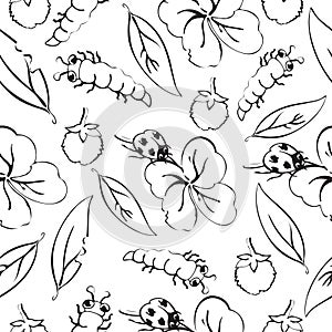 Cartoon black and white hand drawing beetle ladybug and caterpillars, leaves and flowers of clover seamless pattern