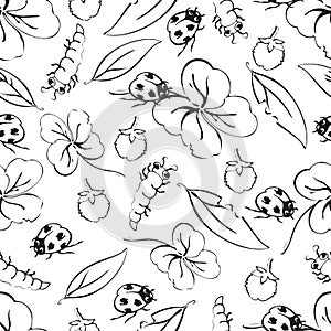 Cartoon black and white hand drawing beetle ladybug and caterpillars, leaves and flowers of clover seamless pattern