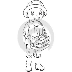 Cartoon Black and White Lineart Male Farmer Holding a Box of apple
