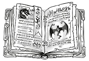 Cartoon black and white open magic spell book photo