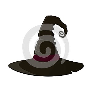 Cartoon black witch hat isolated on white background. Children kid costume masquerade party. Design element for Halloween. Vector