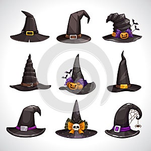 Cartoon black witch hats, icons set. Wizard hat collection.