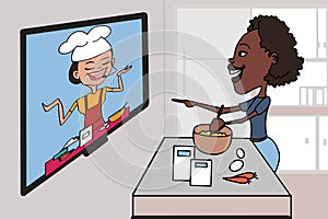 Cartoon black woman looking at the  woman chef programme and making , cooking illustration photo