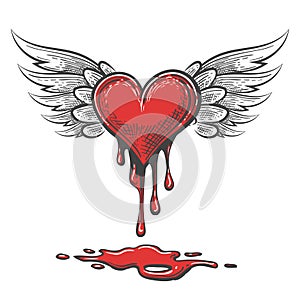 Cartoon Bleeding heart with Wings. Vector Illustration