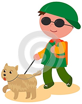 Cartoon blind boy with guide-dog, vector