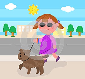 Cartoon blind girl with guide-dog, vector