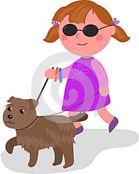 Cartoon blind girl with guide-dog, vector