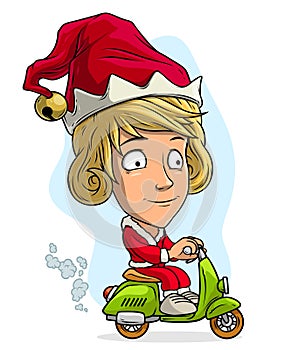 Cartoon blonde christmas girl driving a scooter