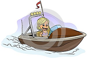 Cartoon blonde girl character on brown motor boat