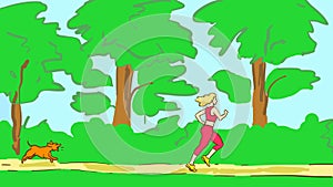 Cartoon blonde girl running in the park on a summer day with dog