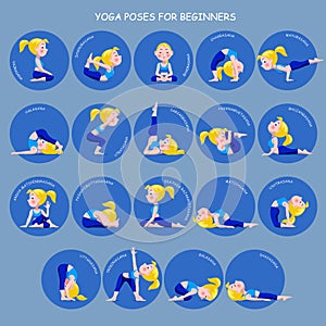Cartoon blonde girl in Yoga poses with titles for beginners isolated on blue background photo