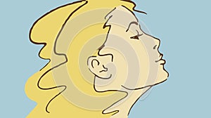 Cartoon Blonde Woman`s Profile On A Blue Background