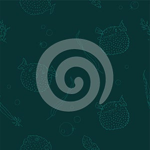 Cartoon blowfish on dark green background seamless pattern, hand drawn thin lines silhouettes, editable vector illustration