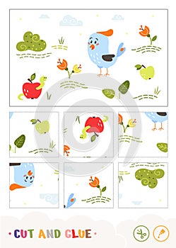 Cartoon blue bird with crest cut collect puzzle