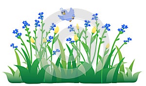 Cartoon blue bird flying on flowers and grass, vector