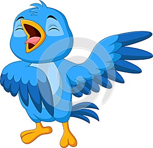 Cartoon blue bird singing on white background