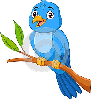 Cartoon blue bird sitting on tree branch