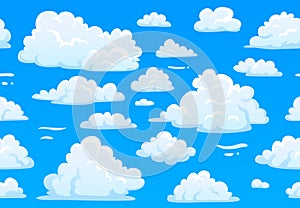 Cartoon blue cloudy sky. Horizontal seamless pattern with white fluffy clouds. 2d game overcast sky vector texture