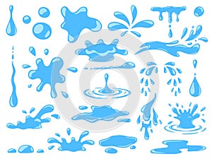 Cartoon blue dripping water drops, splashes, sprays and tears. Liquid flow, wave, stream and puddles. Nature water photo