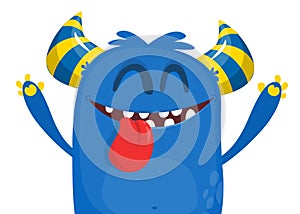 Cartoon blue excited monster showing tongue. Vector Halloween illustration isolated.