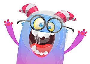 Cartoon blue excited monster wearing glasses. Vector Halloween illustration isolated.